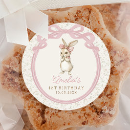 Pegatina Redonda Cottage Chic Pink Bow Bunny Birthday Sticker