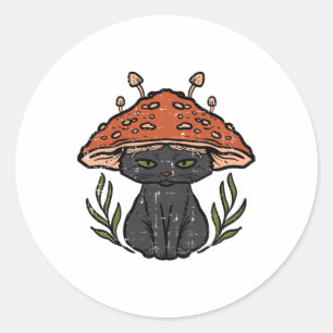 Pegatina Redonda Cottagecore Black Cat Mushroom Chicas cuestas muje
