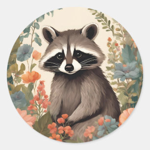 Pegatina Redonda Cottagecore Cute Raccoon