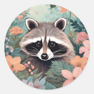 Pegatina Redonda Cottagecore Cute Raccoon