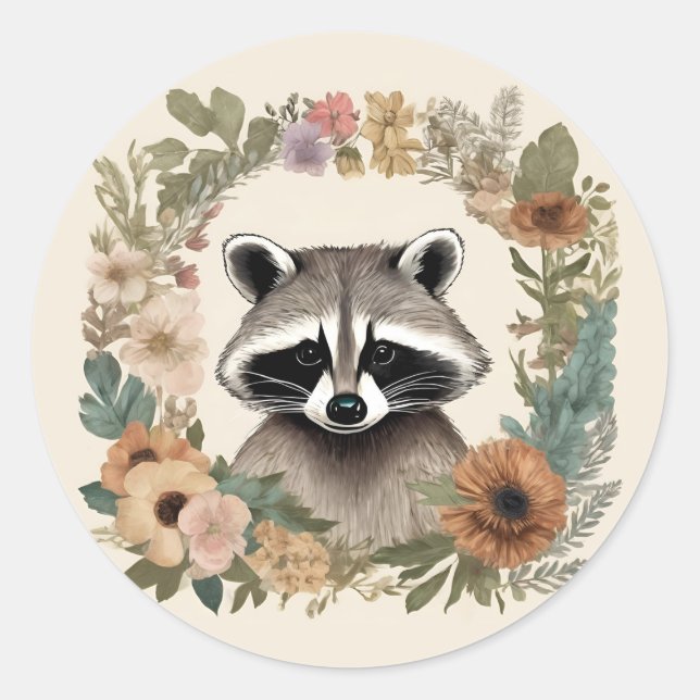 Pegatina Redonda Cottagecore Cute Raccoon (Anverso)