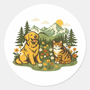 Pegatina Redonda Cottagecore Perro y Gato Mejores Amigos Flor Silve