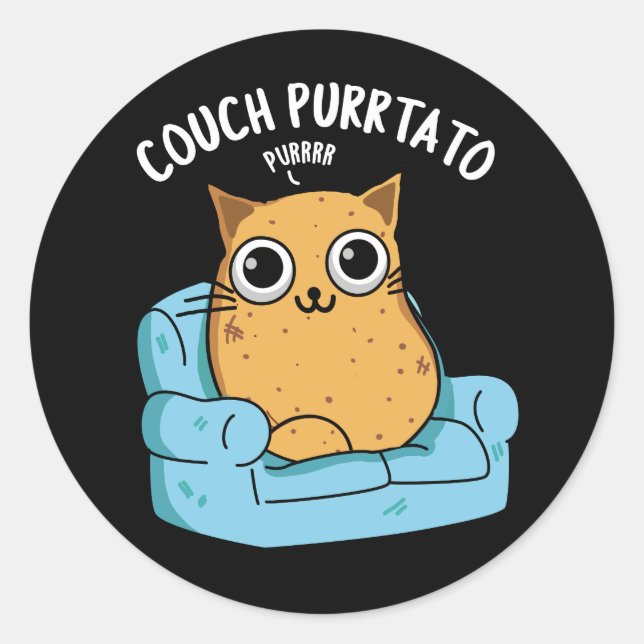 Pegatina Redonda Couch Purrtato Funny Potato Pun Dark BG (Anverso)