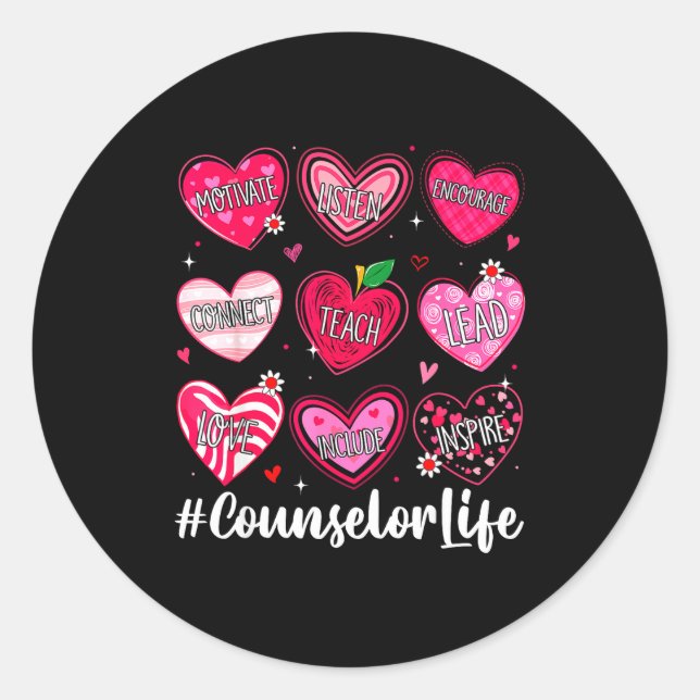 Pegatina Redonda Counselor Life School Counseling Hearts School Val (Anverso)