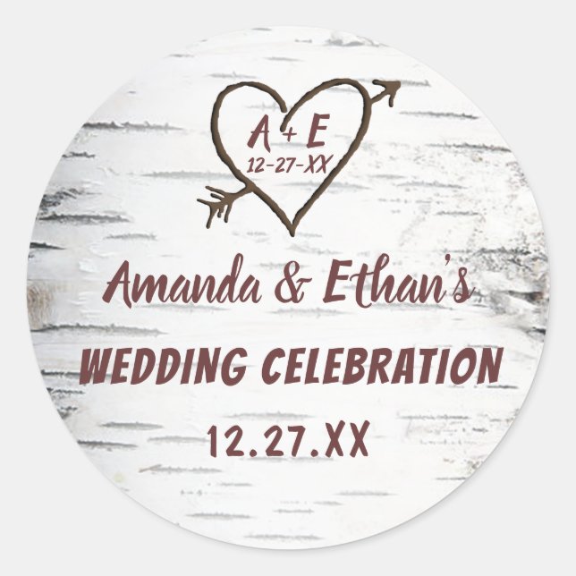 Pegatina Redonda Country Birch Tree Bark Heart Arrow Rustic Boda (Anverso)