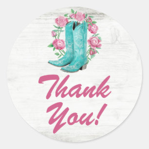 Pegatina Redonda Country Cowgirl Boots Shabby Rosas Wood Gracias