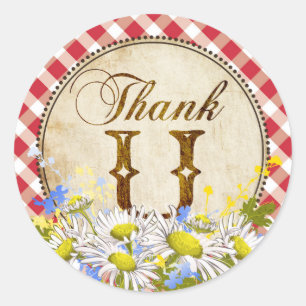 Pegatina Redonda Country Daisies Red Gingham Check Gracias
