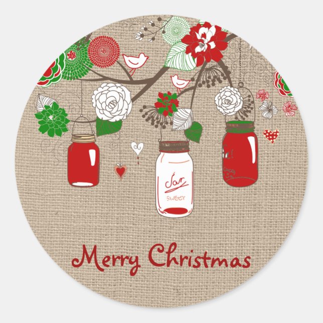 Pegatina Redonda Country Mason Jar Christmas Sticker en Burlap fals (Anverso)