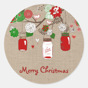 Pegatina Redonda Country Mason Jar Christmas Sticker en Burlap fals