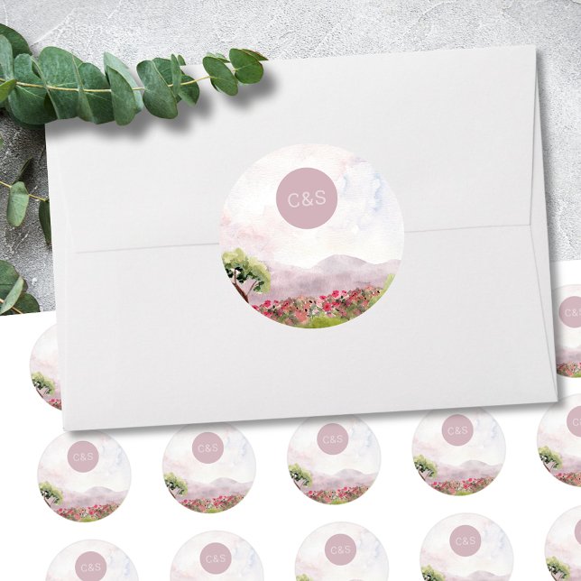 Pegatina Redonda Country Meadow Watercolor Boda Simple Monograma (Subido por el creador)