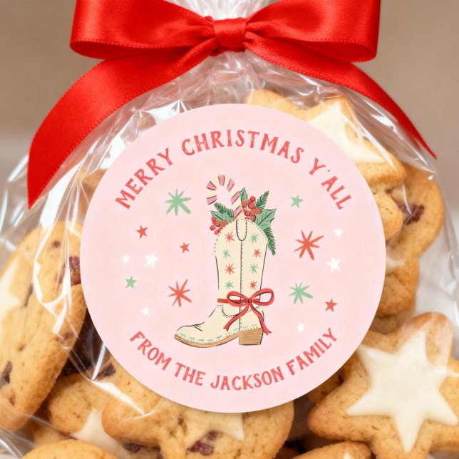 Pegatina Redonda Country Merry Christmas Y'all Cowboy Boot Gift (Merry Christmas y'all stickers with festive cowboy foot illustration)