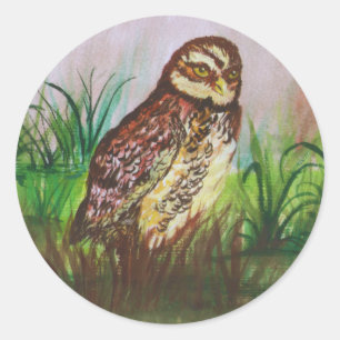 Pegatina Redonda Country Owl in nature watercolor art