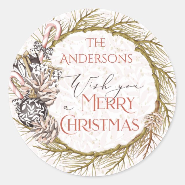 Pegatina Redonda Country Pine Candy Cane Merry Navidad (Anverso)
