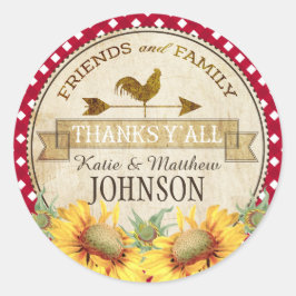 Pegatina Redonda Country Sunflowers Red Gingham Check Gracias
