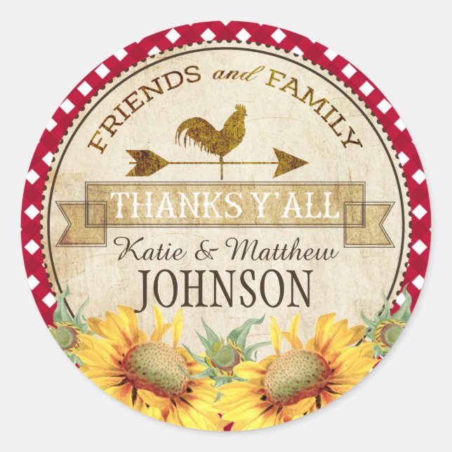Pegatina Redonda Country Sunflowers Red Gingham Check Gracias (Anverso)