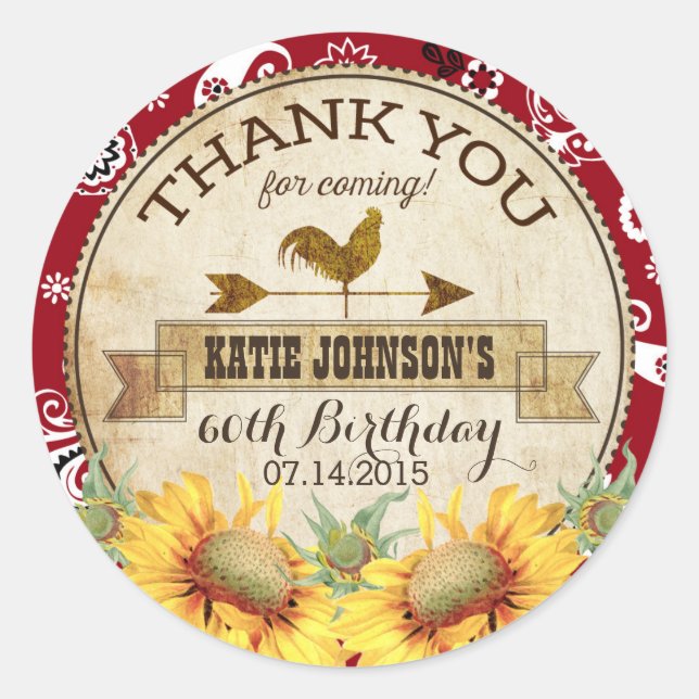 Pegatina Redonda Country Sunflowers Rooster Bandanna Gracias (Anverso)