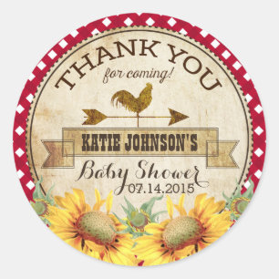 Pegatina Redonda Country Sunflowers y Gingham Check Baby Shower