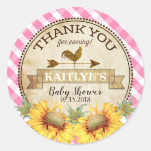 Pegatina Redonda Country Sunflowers y Gingham Check Baby Shower