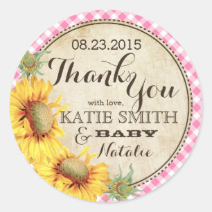 Pegatina Redonda Country Sunflowers y Gingham Check Gracias