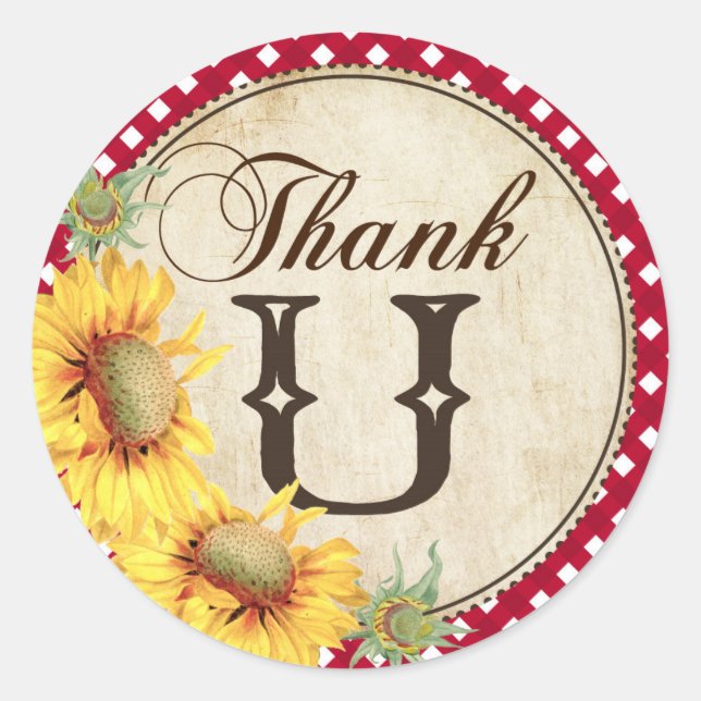 Pegatina Redonda Country Sunflowers y Gingham Check Gracias (Anverso)