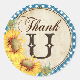Pegatina Redonda Country Sunflowers y Gingham Check Gracias