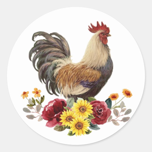 Pegatina Redonda Country Watercolor Pollo Rooster Floral Bouquet (Anverso)