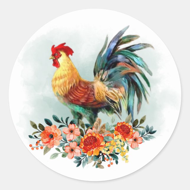 Pegatina Redonda Country Watercolor Pollo Rooster Floral Bouquet (Anverso)