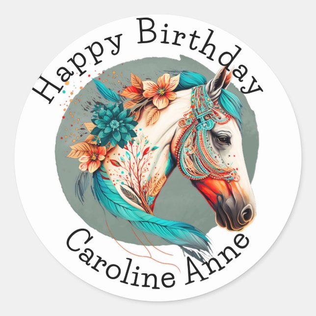 Pegatina Redonda Country Western Boho Horse Birday Party (Anverso)