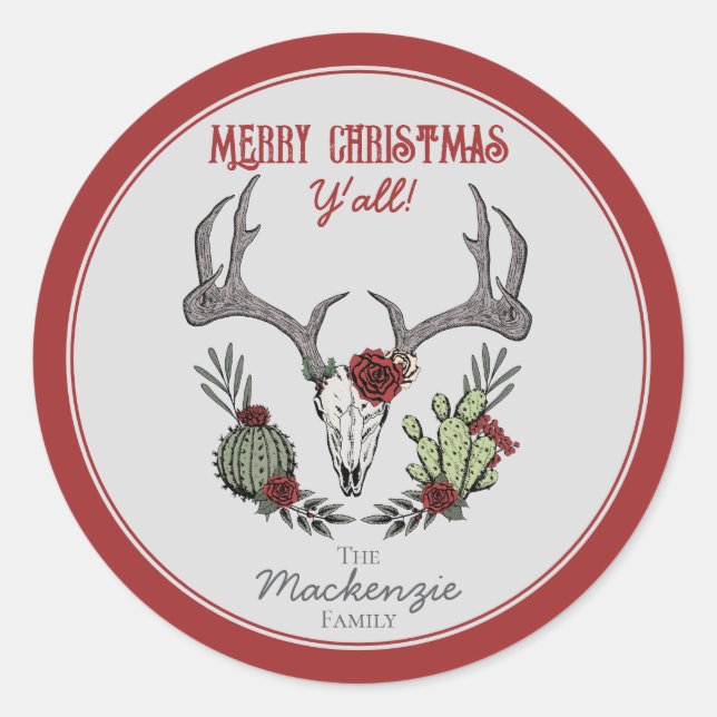 Pegatina Redonda Country Western Merry Christmas Y'All (Anverso)