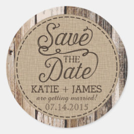 Pegatina Redonda Country Western Wood Rustic Save the Date Label