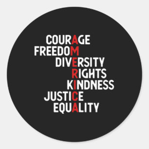 Pegatina Redonda Courage Freedom Variety Rights Friendship Justice
