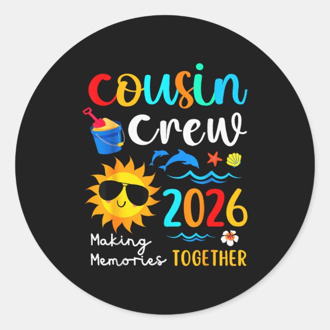 Pegatina Redonda Cousin Crew 2026 Summer Vacation Beach Family Trip (Anverso)