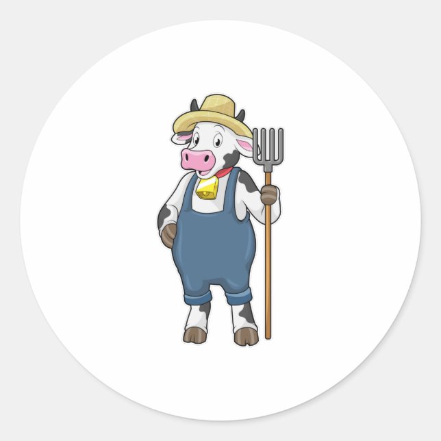 Pegatina Redonda Cow as Farmer with Pitchfork (Anverso)