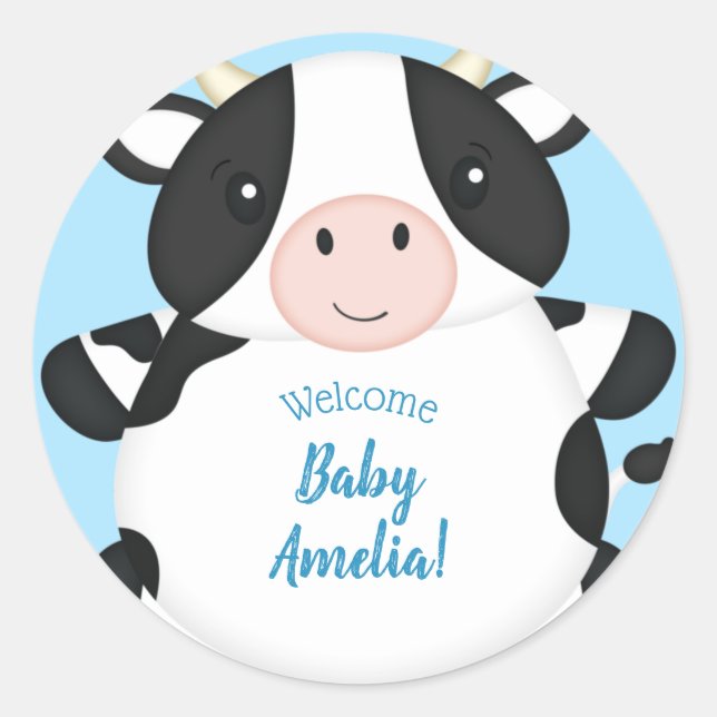 Pegatina Redonda Cow Baby Shower Blue (Anverso)