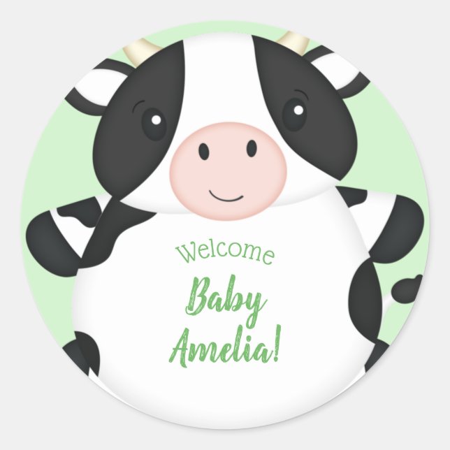 Pegatina Redonda Cow Baby Shower Green (Anverso)