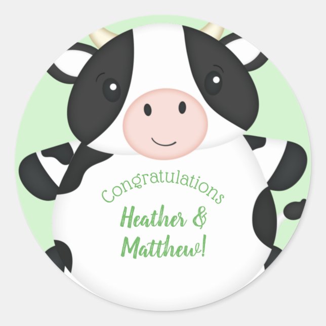 Pegatina Redonda Cow Baby Shower Green (Anverso)