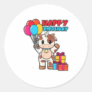 Pegatina Redonda Cow Birday Balloon Thatleman Farmer Cute B