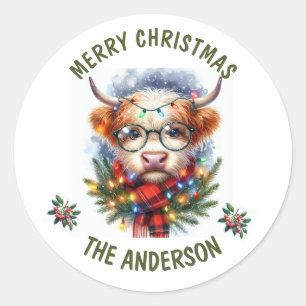 Pegatina Redonda Cow Cerry Merry navidad