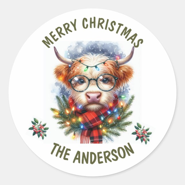 Pegatina Redonda Cow Cerry Merry navidad (Anverso)