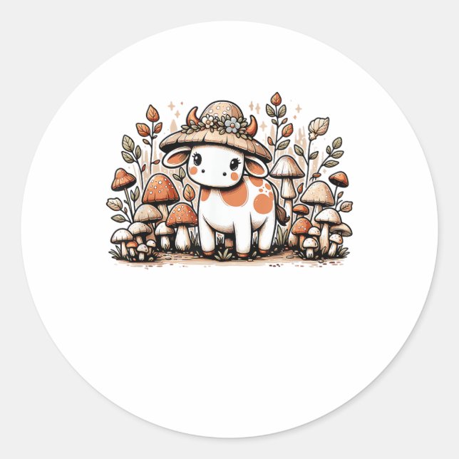 Pegatina Redonda Cow Cottagecore Mushroom (Anverso)