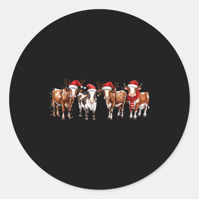 Pegatina Redonda Cow Reindeer Santa Hat Christmas Light Funny Cows  (Anverso)