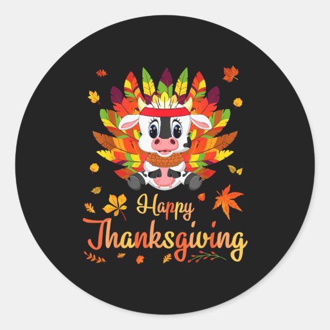 Pegatina Redonda Cow Turkey Costume Heart Happy Thanksgiving Day Da (Anverso)