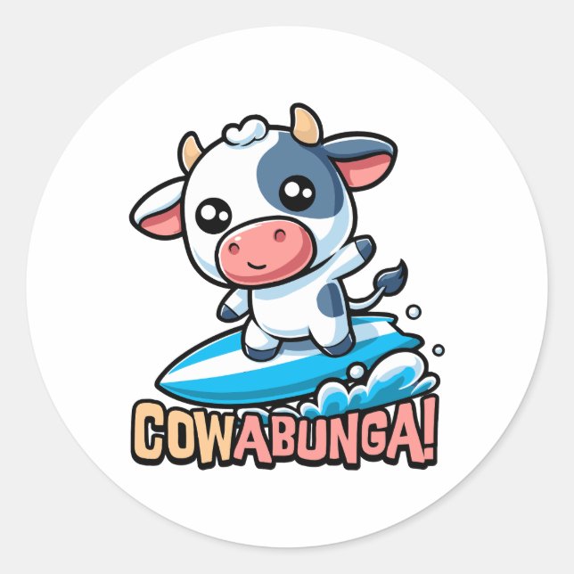 Pegatina Redonda ¡Cowabunga! Cuto Surfing Cow Pun (Anverso)