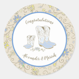 Pegatina Redonda Cowboy Baby Shower Country Western Blue Boy