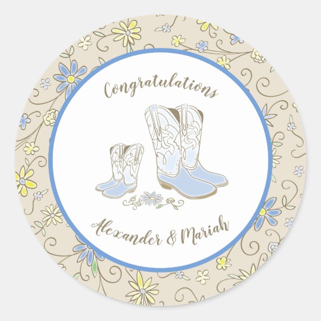 Pegatina Redonda Cowboy Baby Shower Country Western Blue Boy (Anverso)