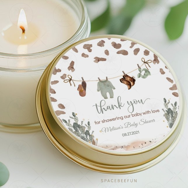 Pegatina Redonda Cowboy Baby Shower Western (cowboy baby shower thank you sticker, western baby shower thank you, little cowboy thank you sticker)