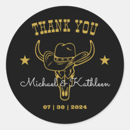 Pegatina Redonda Cowboy Bull Skull Rustic Country Wedding