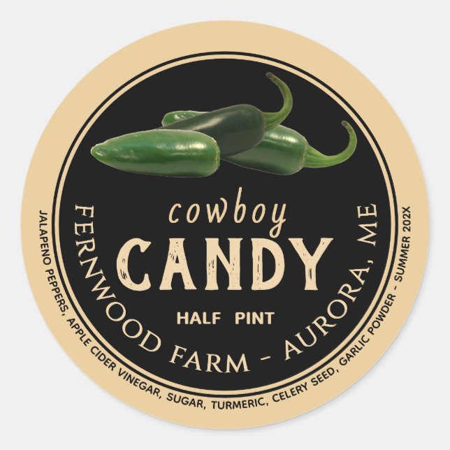 Pegatina Redonda Cowboy Candy Candie Jalapeno Pepper Spicy Jelly (Anverso)