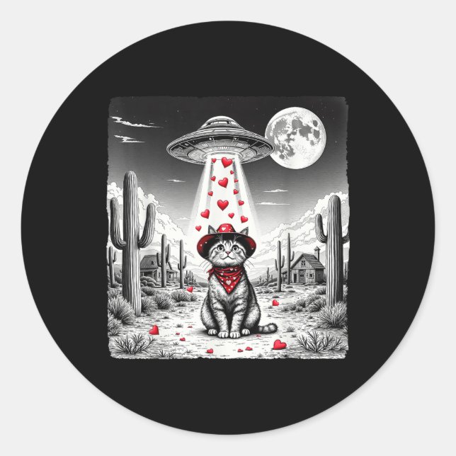 Pegatina Redonda Cowboy Cat Ufo Meme Funny Cat Ufos Día de San Vale (Anverso)