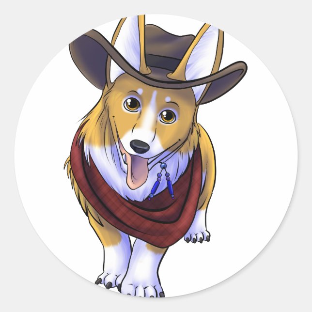 Pegatina Redonda Cowboy Corgi (Anverso)
